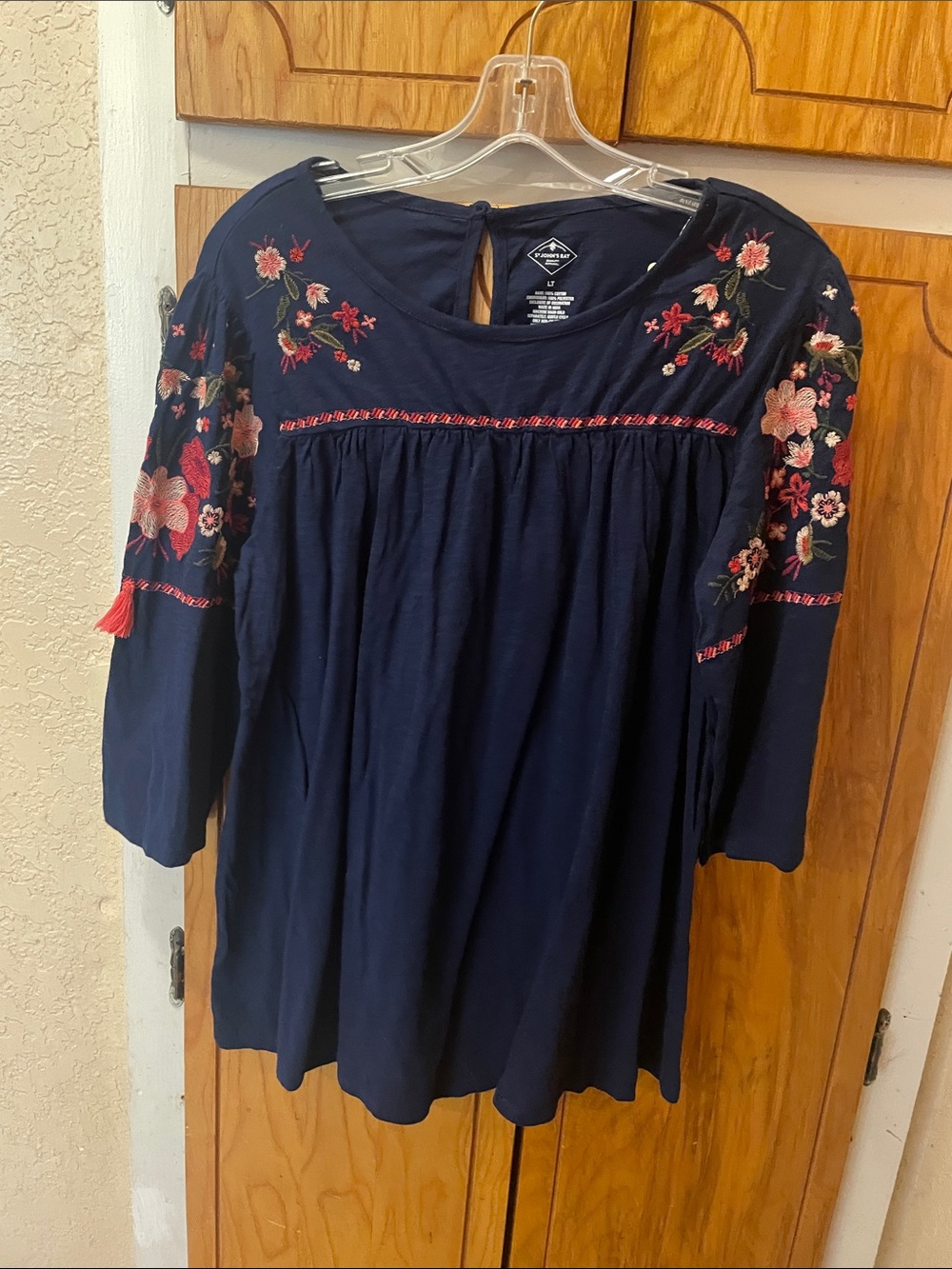 St. John's Bay Navy Tunic with Pink Floral Embroidery
